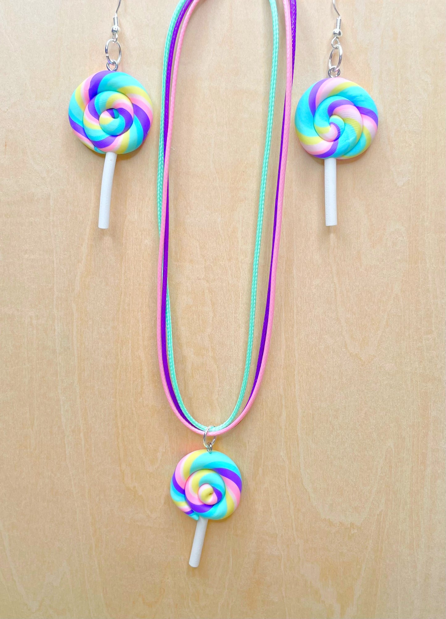 Colorful Summertime Swirl Lollipop Necklace and Earrings Set