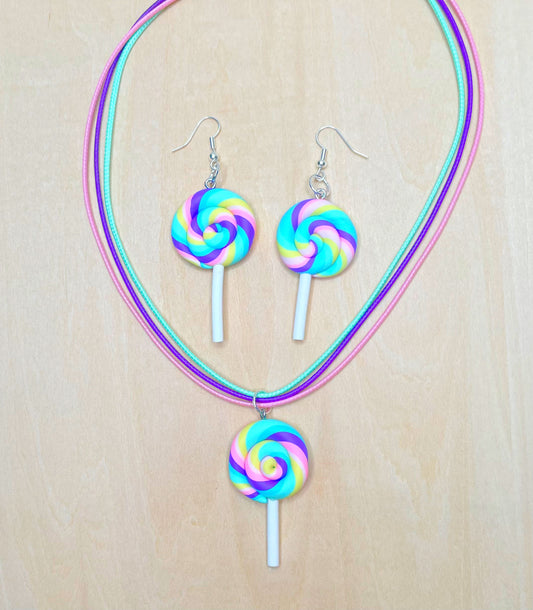 Colorful Summertime Swirl Lollipop Necklace and Earrings Set