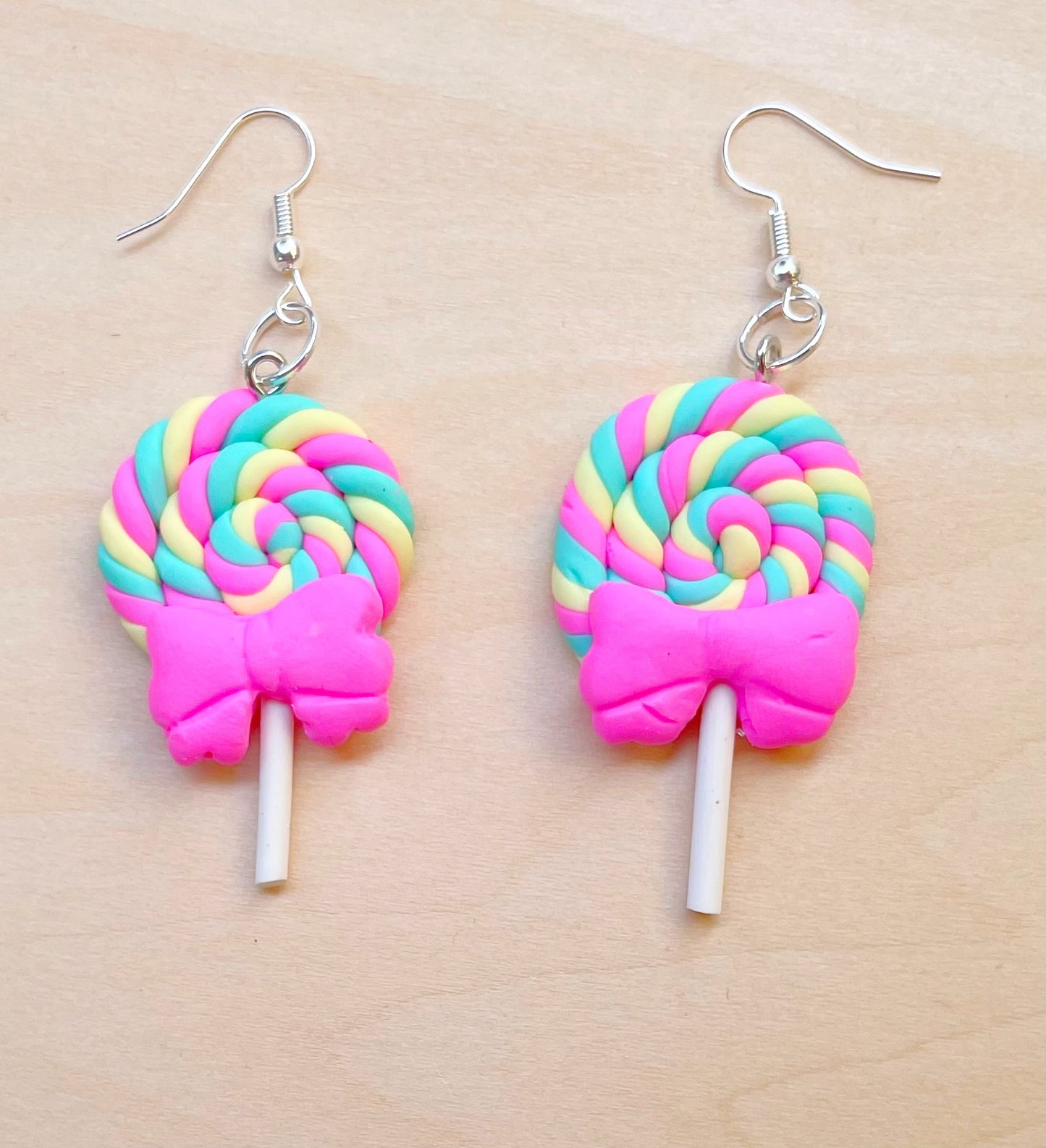 Bright Pink, Yellow & Teal Lollipop Swirl with Bows Earrings