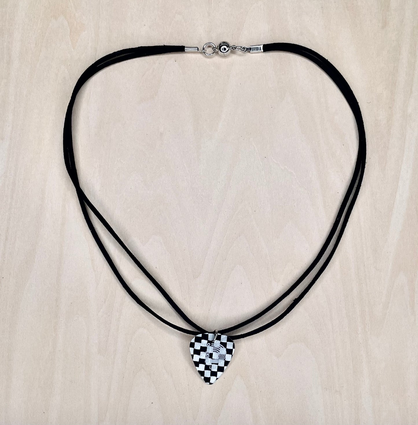 Checkered Guitar Pick on Faux Suede Cord