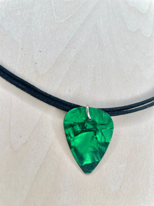 Green Envy Guitar Pick Necklace on Faux Suede Cord
