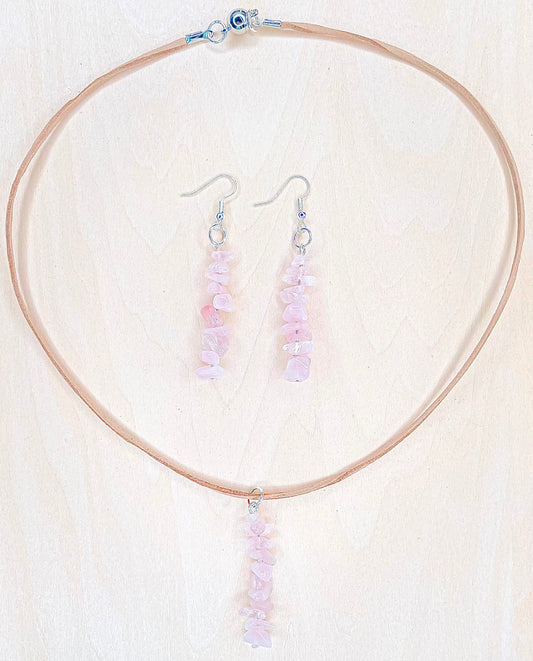 Rose Quartz on Faux Suede Cord Necklace and Earrings Set