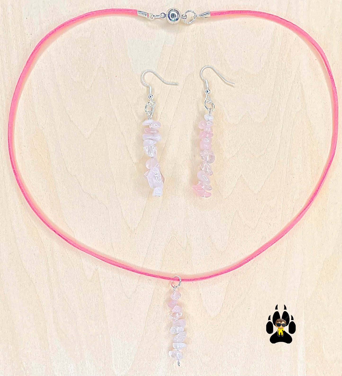 Rose Quartz on Faux Suede Cord Necklace and Earrings Set