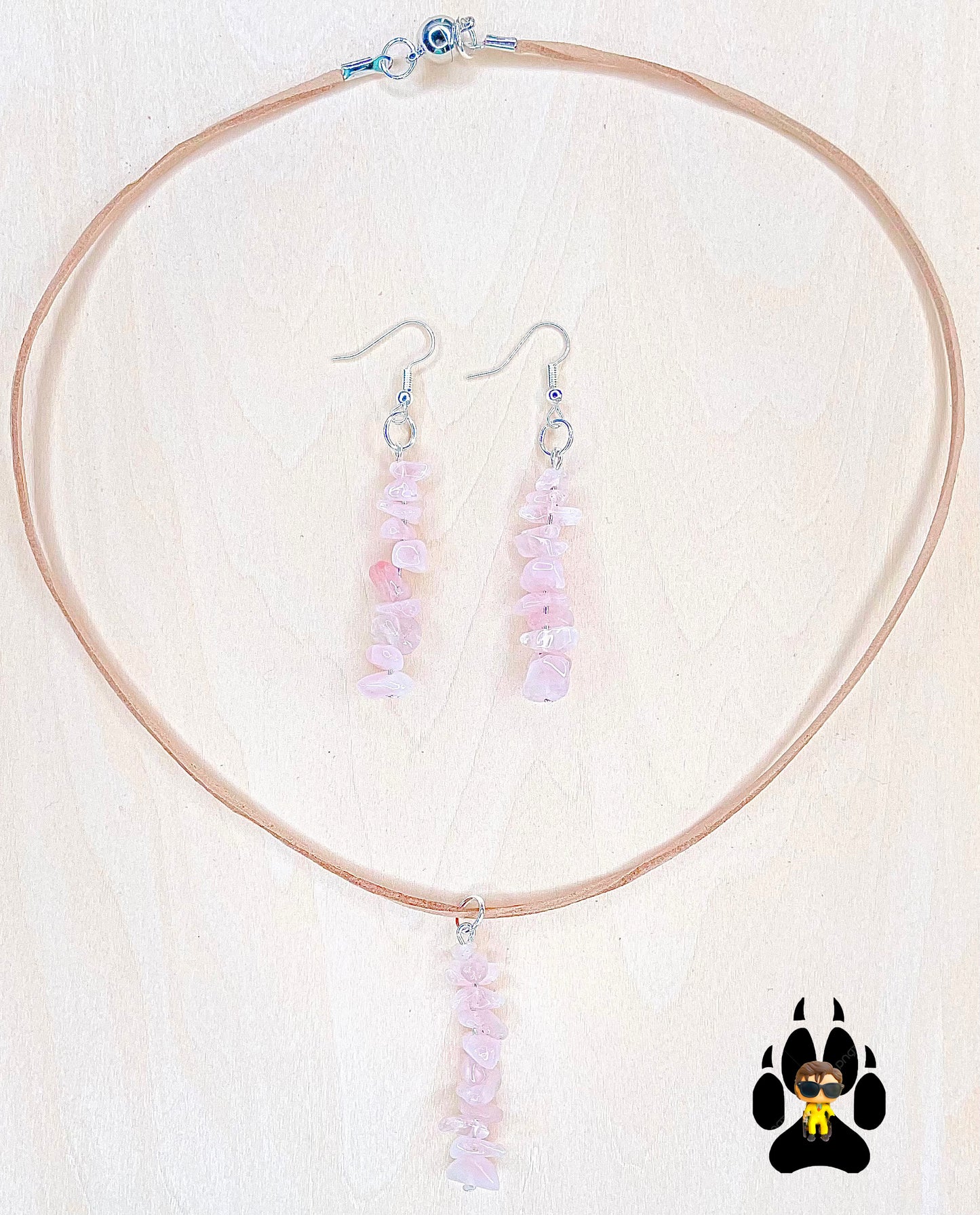 Rose Quartz on Faux Suede Cord Necklace and Earrings Set
