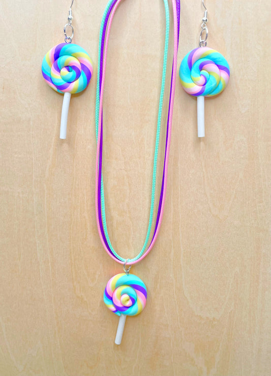 Colorful Summertime Swirl Lollipop Necklace and Earrings Set