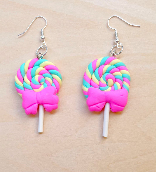 Bright Pink, Yellow & Teal Lollipop Swirl with Bows Earrings
