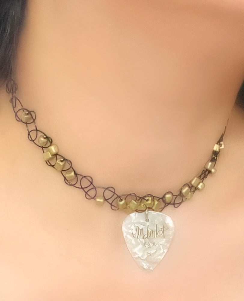 White & Gold guitar Pick Choker Necklace