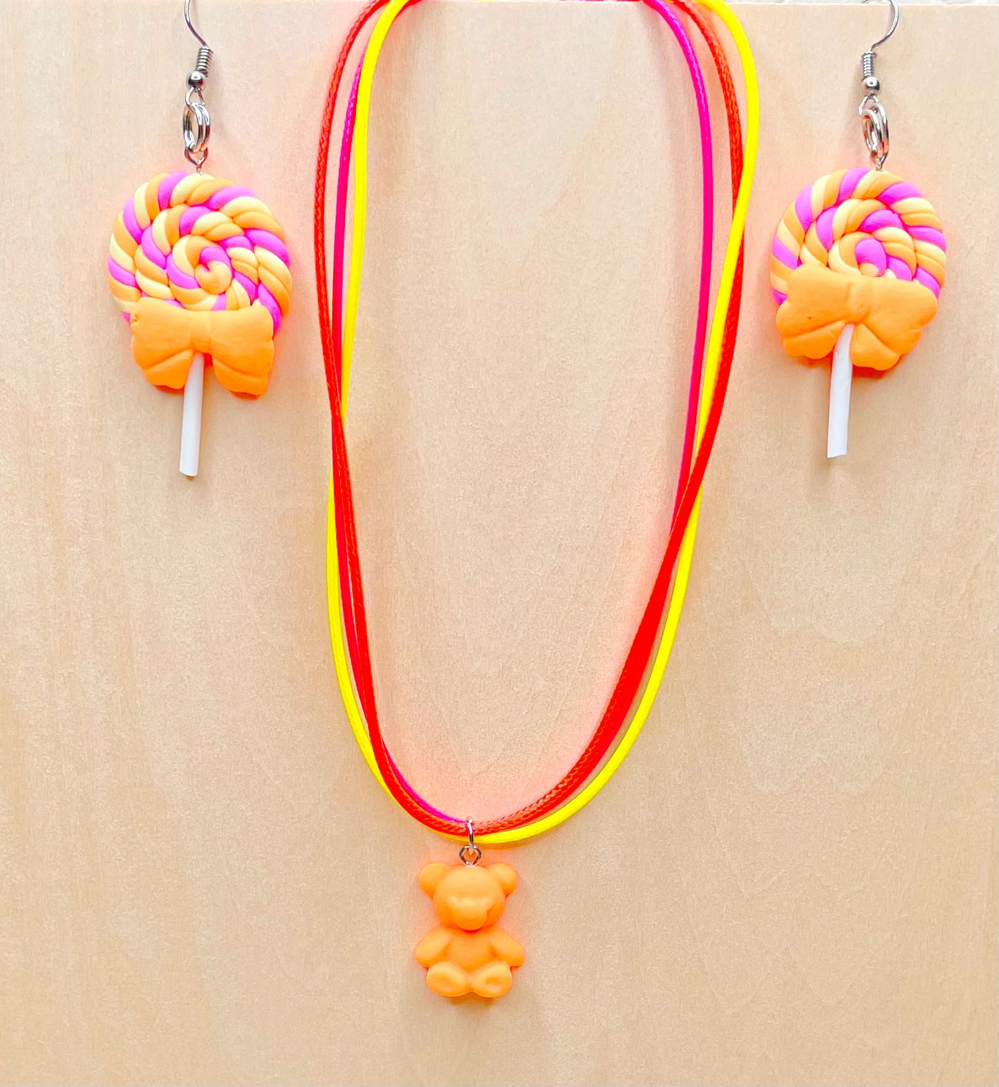 Lollipop Earring and Sunny Orange Bear Necklace Set