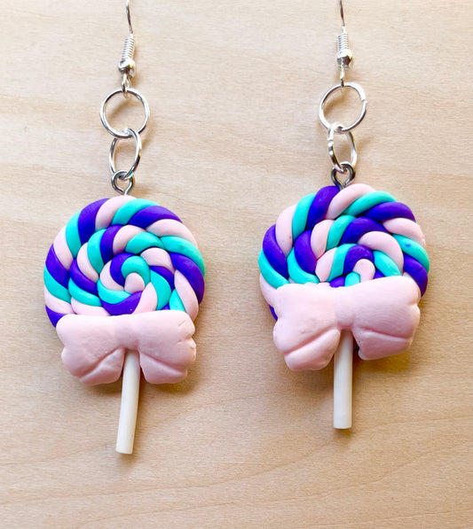 Bright Purple, Blue & Pink Swirl Lollipop Earrings