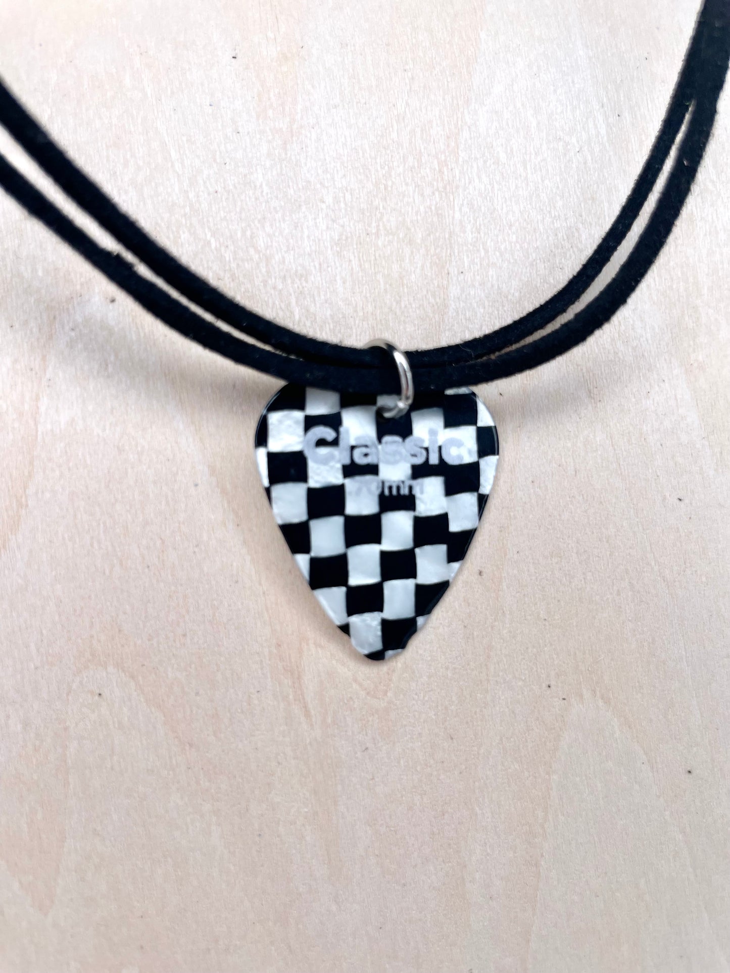 Checkered Guitar Pick on Faux Suede Cord