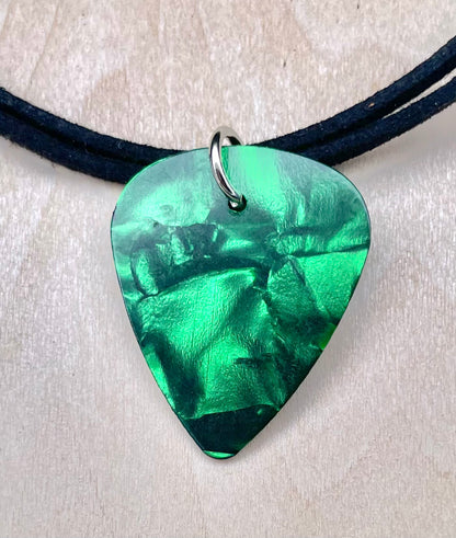 Green Envy Guitar Pick Necklace on Faux Suede Cord