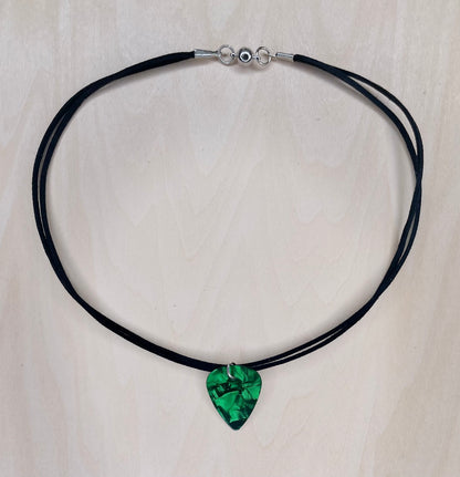 Green Envy Guitar Pick Necklace on Faux Suede Cord
