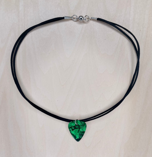 Green Envy Guitar Pick Necklace on Faux Suede Cord