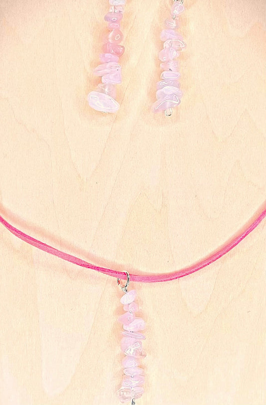 Rose Quartz on Faux Suede Cord Necklace and Earrings Set