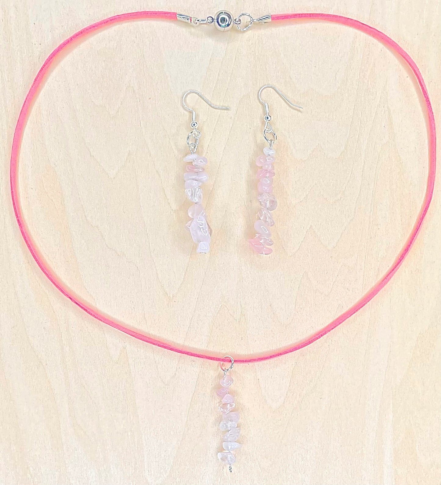 Rose Quartz on Faux Suede Cord Necklace and Earrings Set