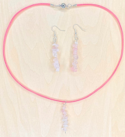Rose Quartz on Faux Suede Cord Necklace and Earrings Set