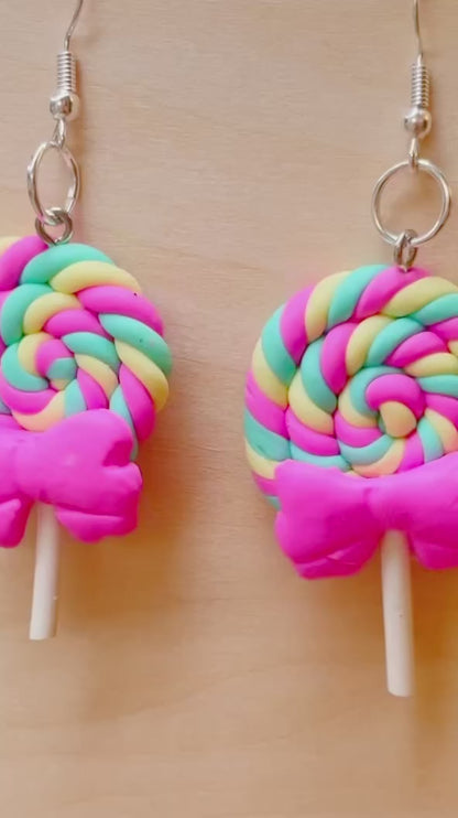 Bright Pink, Yellow & Teal Lollipop Swirl with Bows Earrings