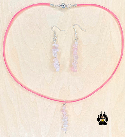 Rose Quartz on Faux Suede Cord Necklace and Earrings Set